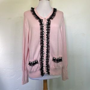 BEREK by Takahe Sakor Pink Knit Cardigan Black Lace Rhinestone Pearl Buttons